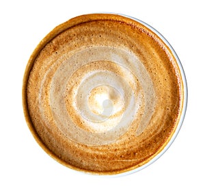 Top view of hot coffee latte cappuccino spiral foam isolated on white background, path