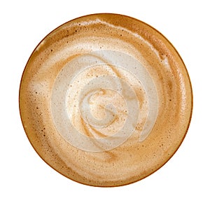 Top view of hot coffee latte cappuccino spiral foam isolated on white background, path