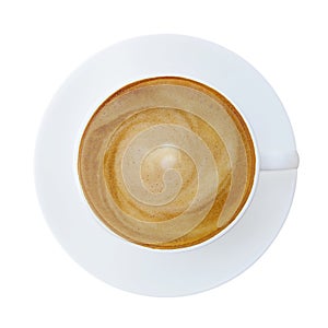 Top view of hot coffee latte cappucino cup with saucer isolated