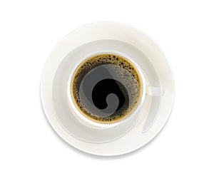 Top view hot fresh black coffee in a white cup with white plate isolated on white background.