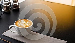 Top view of hot latte coffee or chocolate with barista latte art in white cup on dark cafe table