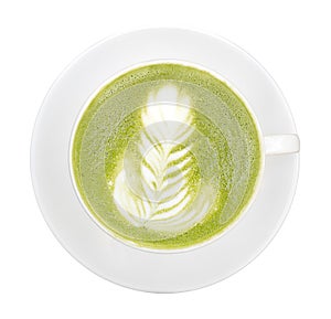 Top view of hot matcha green tea isolated on white background, c photo