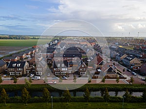 Top view of house Village from Drone capture in the air house is brown roof top Urk netherlands Flevoland