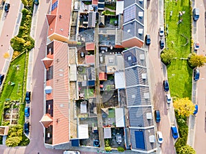 Top view of house Village from Drone capture in the air house is brown roof top Urk netherlands Flevoland