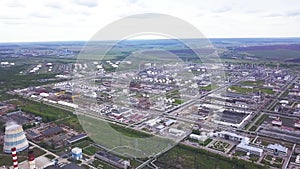 Top view of the huge industrial area. Clip. Industrial zone consisting of a large of industrial shops and warehouses