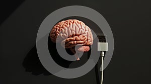 Top view of human brain model with USB cable, on black background. Turn on your brain. Creative ideas. Generative AI