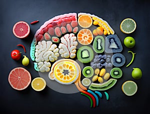 Top view of human brain shaped fruit slices. Nutritions for brain health