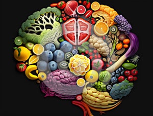 Top view of human brain shaped fruit slices and vegetables. Nutritions for brain health