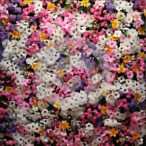 Top view of hundreds of colorful pink, white yellow flowers. Flowering flowers, a symbol of spring, new life
