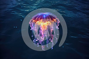 top view of illuminated jellyfish floating near the ocean surface