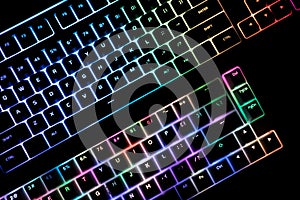 Top view of illuminated RGB keyboard in the dark