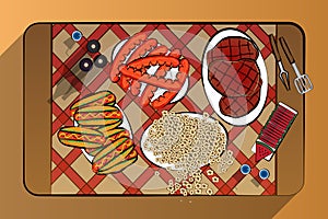 Top view illustration of summer barbecue grill beef sausage hot dog and popcorn last with watermelon and drinking, illustration ca