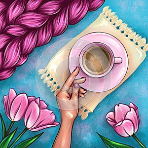 Top view illustration of woman`s hand reaches the pink mug of coffee and there are some tulips and plaid