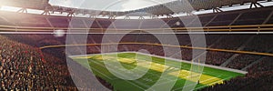 Top view image of american football arena with yellow goal post, grass field and blurred fans at playground view. 3D