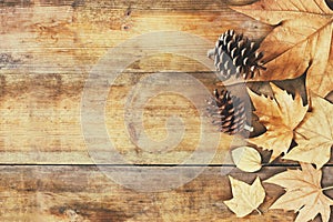 Top view image of autumn leaves and pine cones over wooden textured background