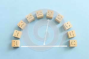 Top view image of barometer with of happy and sad face. concept of happiness emotion and satisfaction