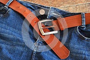 Brown Leather Belt and Blue Jeans Close Up