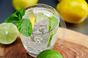 Top view image of cold refreshing summer limonade, mojito or gin tonic with fresh mint and ice cubes, lime and lemon on colorful