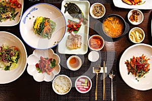 Top view image of Korean traditional full course set meal with a lot of side dishes