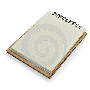 top view of open notebook with blank page, lined paper texture background