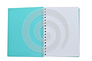 top view of open notebook with blank page, lined paper texture background