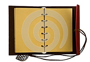 Top view image of open notebook with blank pages isolated on a white background, ready for adding text