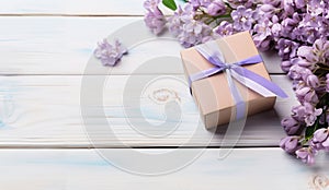 Top view image of purple flowers with gift box on light wooden texture