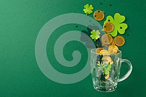 Top view image showcases a beer glass with gold coins, trefoils, confetti, and beads on a vibrant green background