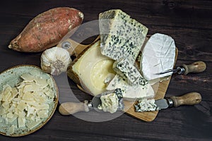 Top view image of a still life with assorted cheese, a head of garlic