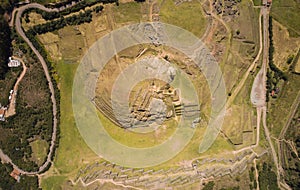 Top view of the inca ruins of Sacsayhuaman on the outskirts of Cusco, Peru. Archaeological site of ancient Incan citadel