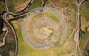 Top view of the inca ruins of Sacsayhuaman on the outskirts of Cusco, Peru. Archaeological site of ancient Incan citadel