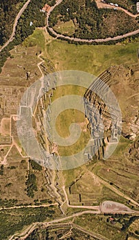 Top view of the inca ruins of Sacsayhuaman on the outskirts of Cusco, Peru. Archaeological site of ancient Incan citadel