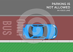 Top view of an incorrect parked car. Parking is not allowed in a bus lane.