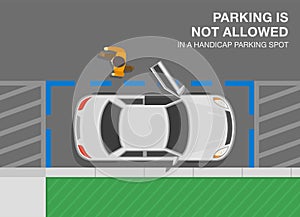 Top view of an incorrect parked car. Parking is not allowed in a handicap parking spot. Driver gets out of a white car.