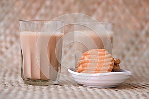 Top view of Indian Masala Chai or traditional milk tea beverage