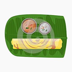 Top View Indian Masala Dosa on Banana Leaf Vector Illustration