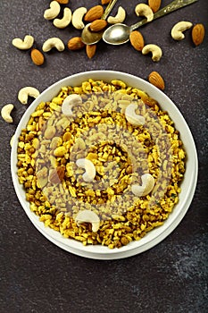 Top view-Indian vegan savory snack Mixture.