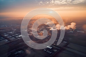 top view industrial air pollution at sunset. Generative AI