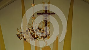 Top view inside the catholic church.Cross of Jesus inside Catholic Church. Concept of the Crucifixion of Christ. Jesus