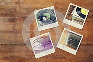 Top view of instant photos album on wooden background