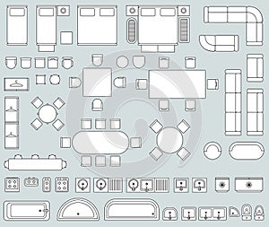 Top view interior with line furniture icons vector set