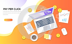 Top view of internet advertising symbols. Pay Per Click vector concept. Creative business illustration in flat style for