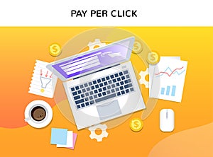 Top view of internet advertising symbols. Pay Per Click vector concept. Creative business illustration in flat style for
