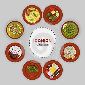 Top view of Iranian Cuisine collection with ethnic menu on grey