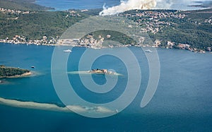 Top view of Island Gospa Od Milo Otok Monastery of the Jesuits Order and the Church of the Blessed Virgin Mary, Gulf of Tivat, photo