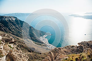Top view from the island of Santorini to the sea, islands, blue sky