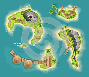 Top view islands with volcano. View from a height on a tropical island in the ocean. Vector cartoon tropical paradise