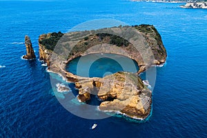 Top view of Islet of Vila Franca do Campo is formed by the crater of an old underwater volcano near San Miguel island.