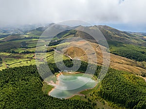 Top view of Islet of Vila Franca do Campo is formed by the crater of an old underwater volcano near San Miguel island, Azores, Por