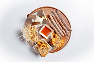 Top view on isolated beer appetizer snack platter